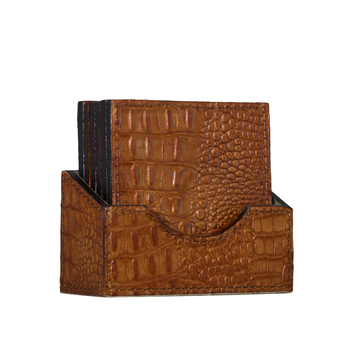 Six Leather Coasters with Holder