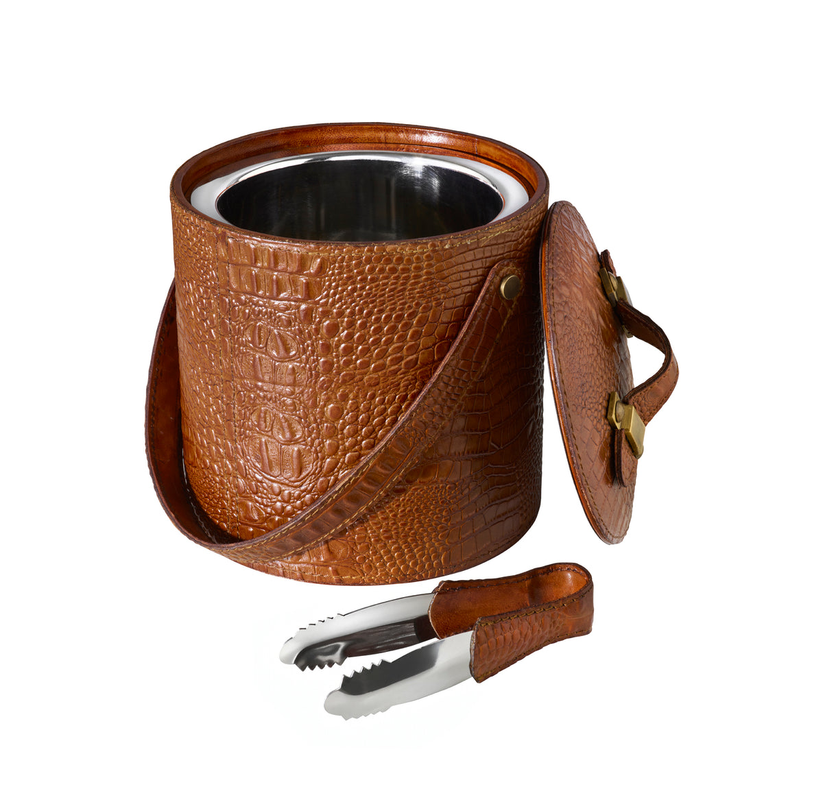 A Leather Ice Bucket with Tongs