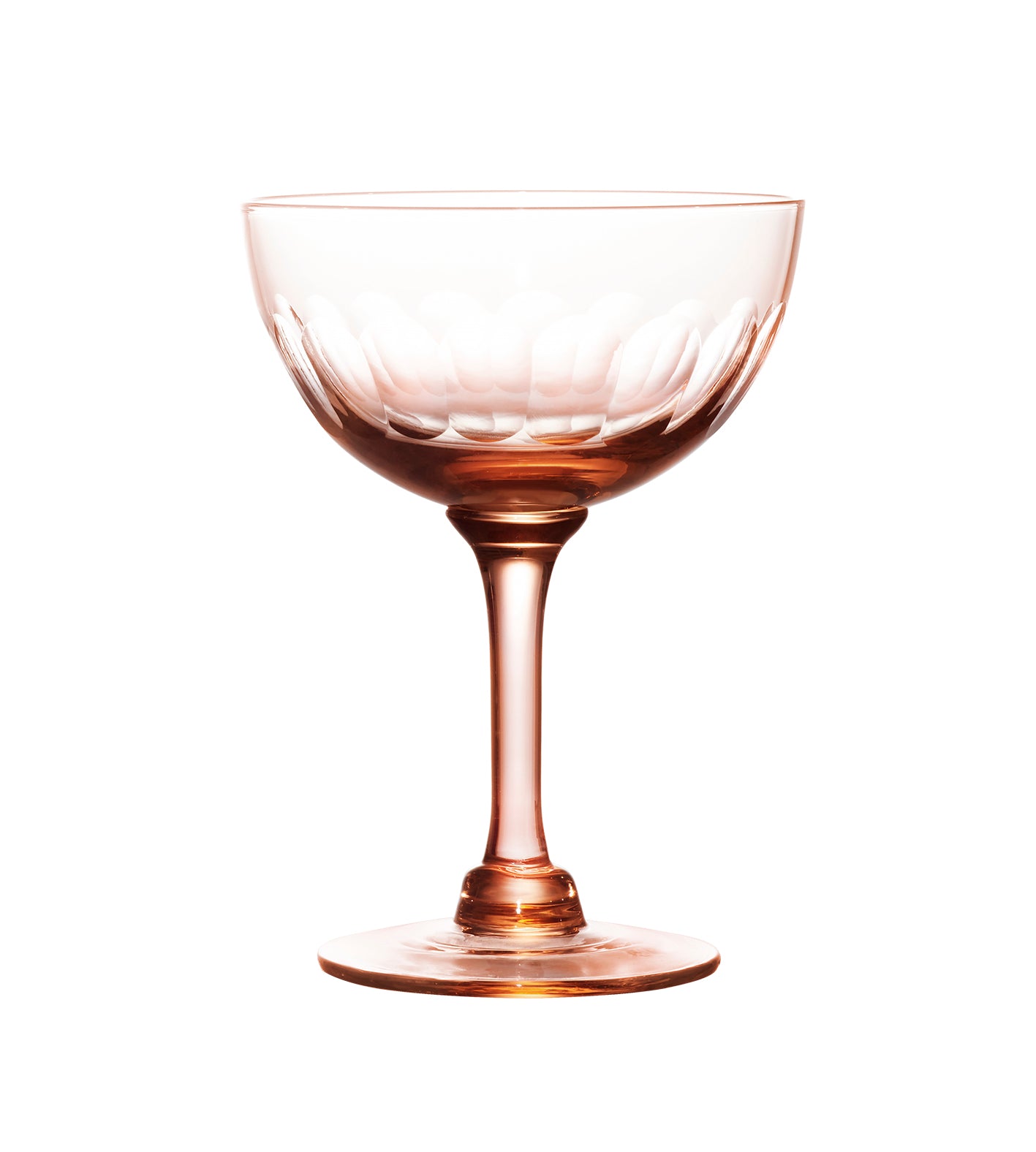 a set of four rose crystal champagne saucers with lens design
