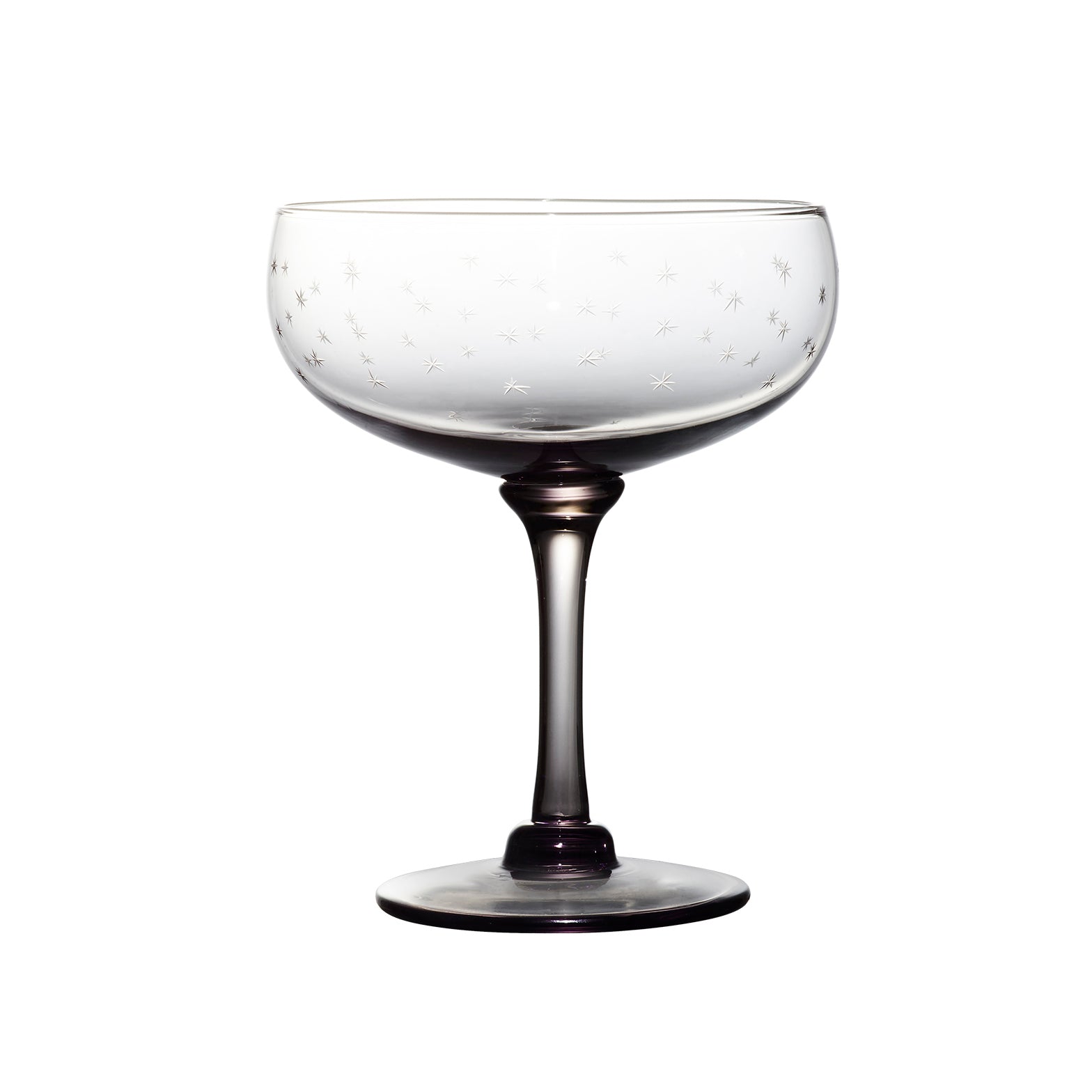 four smoky crystal cocktail glasses with stars design