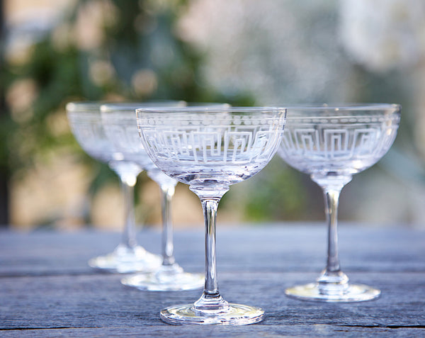 Crystal Champagne Saucers with Greek Key Design
