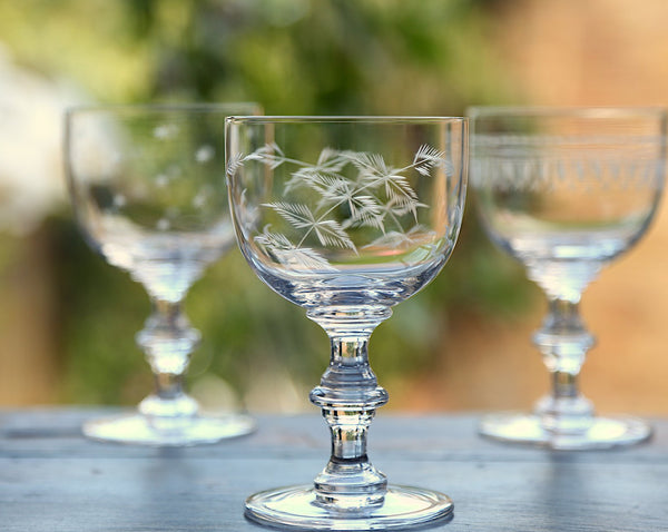 Vintage Crystal Glass Etched Fern Design Small Wine Glasses Set of 4